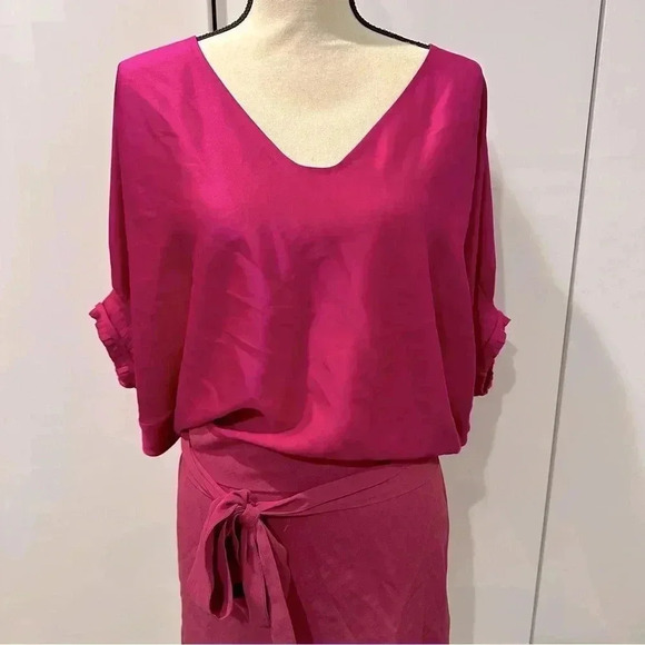 Diane von Furstenberg NWT Edna Pink Puff Sleeve Tie Waist Silk Dress Size 2 - Picture 5 of 16